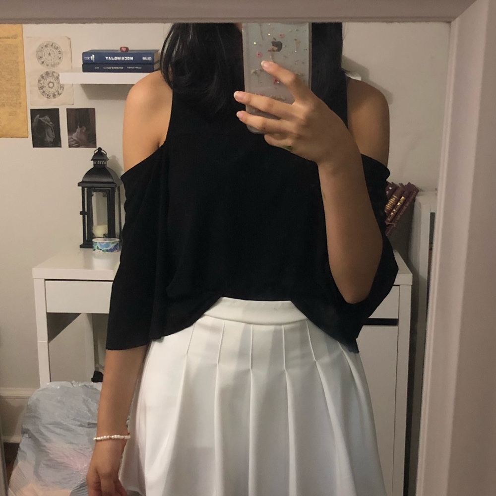 flowy black, long sleeve top with shoulder cut out